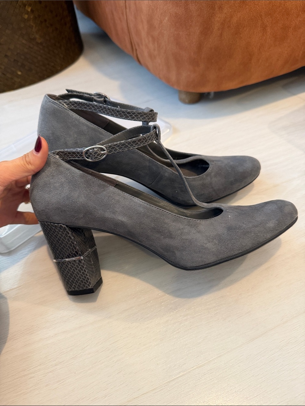 AEROSOLES Gray Suede Mary Jane Block Heels